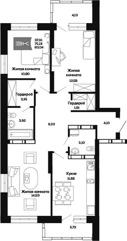 Планировка 3-к.кв 75.17 м² в ЖК «Салют»