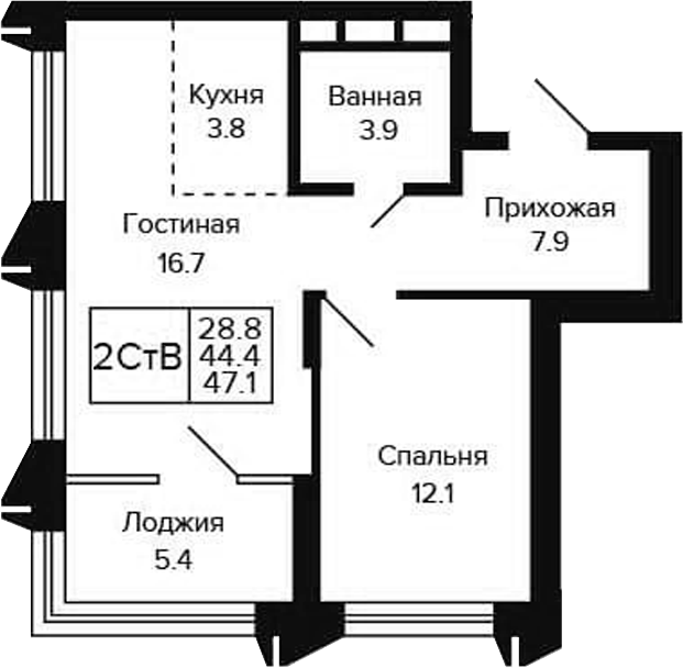 Планировка 2е-к.кв 44.40 м² в ЖК «Цитатум»