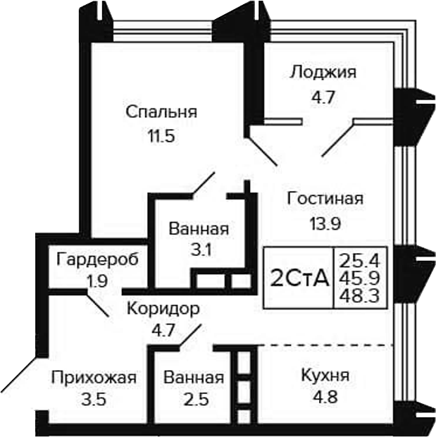 Планировка 2е-к.кв 45.95 м² в ЖК «Цитатум»