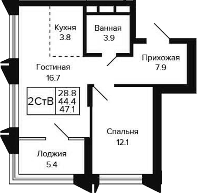 Планировка 2е-к. квартира 44.40 м² в ЖК «Цитатум»