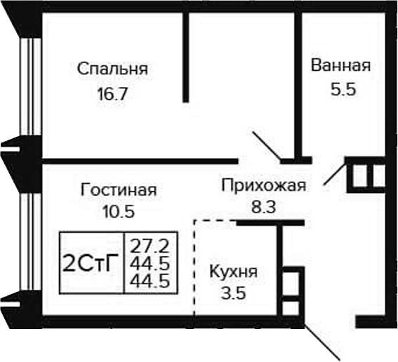 Планировка 2е-к.кв 44.50 м² в ЖК «Цитатум»