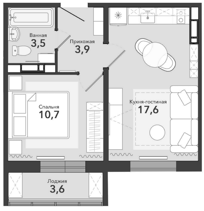 Планировка 2е-к.кв 37.50 м² в ЖК «Чистая Слобода»