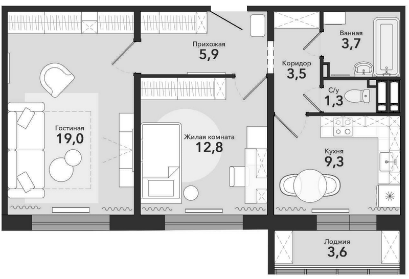 Планировка 2-к.кв 57.30 м² в ЖК «Чистая Слобода»