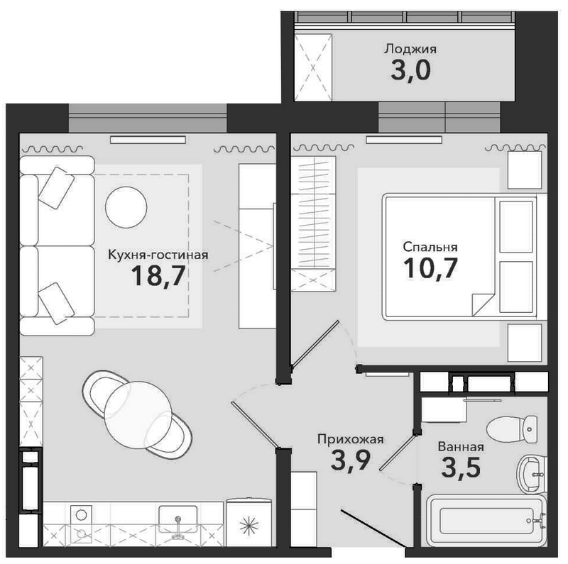 Планировка 2е-к.кв 38.30 м² в ЖК «Чистая Слобода»