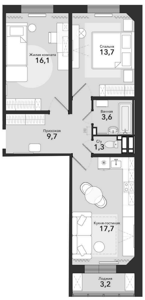 Планировка 3е-к.кв 63.70 м² в ЖК «Чистая Слобода»
