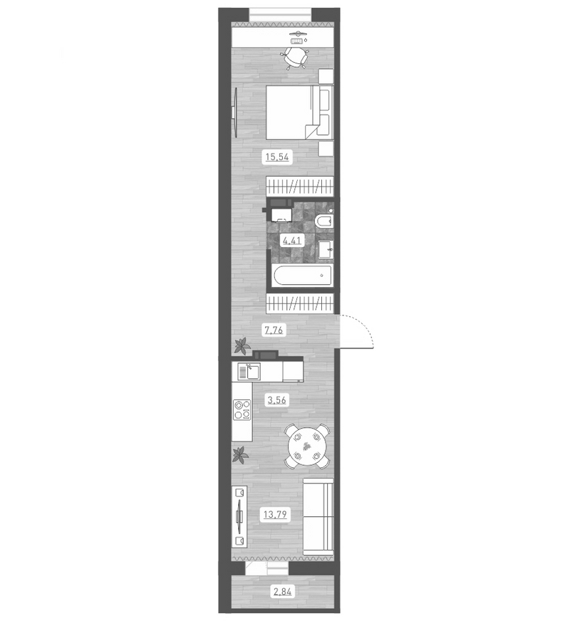 Планировка 2е-к.кв 45.63 м² в ЖК «Радуга Сибири»