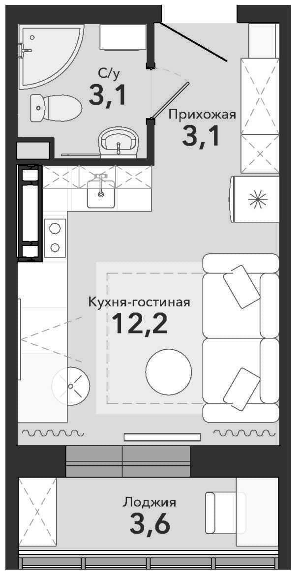 Планировка студия 20.20 м² в ЖК «Чистая Слобода»