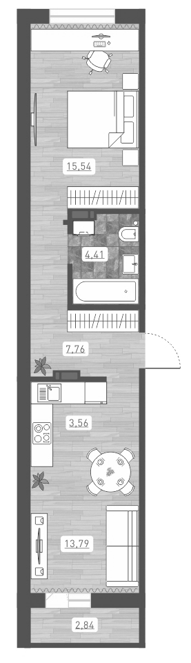 Планировка 2е-к.кв 45.06 м² в ЖК «Радуга Сибири»