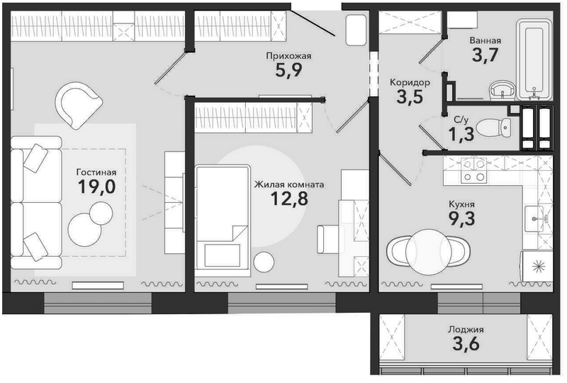 Планировка 2-к.кв 57.30 м² в ЖК «Чистая Слобода»