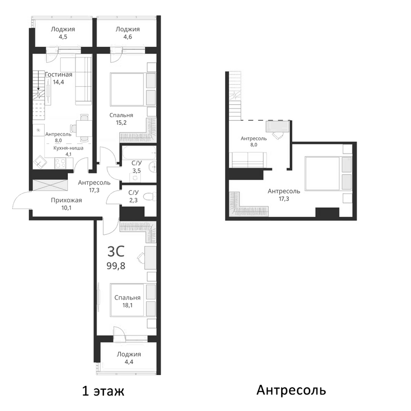 Планировка 3е-к.кв 93.00 м² в ЖК «Ежевика»
