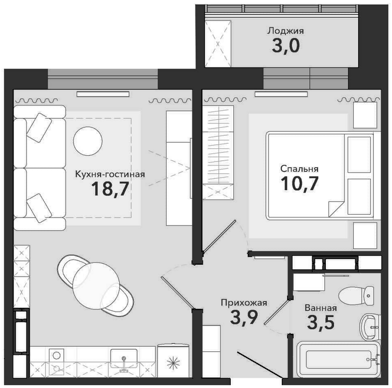 Планировка 2е-к.кв 38.30 м² в ЖК «Чистая Слобода»