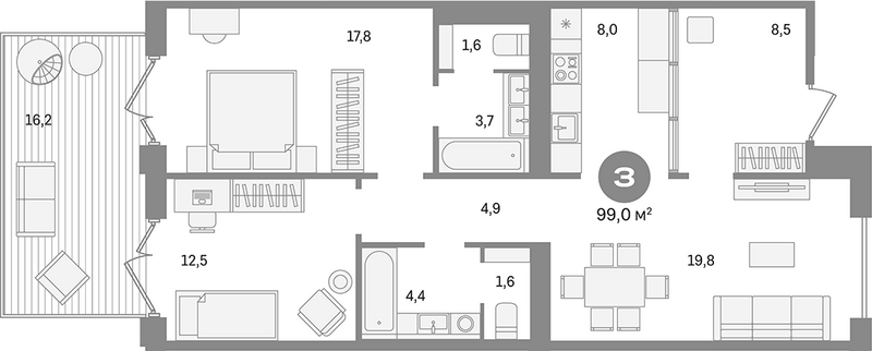 Планировка 3е-к.кв 83.80 м² в ЖК «Пшеница»