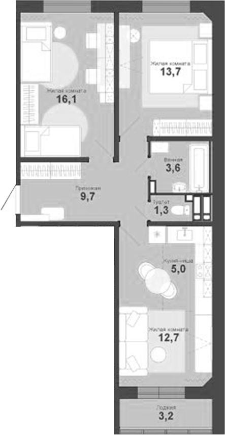 Планировка 3е-к.кв 63.70 м² в ЖК «Чистая Слобода»