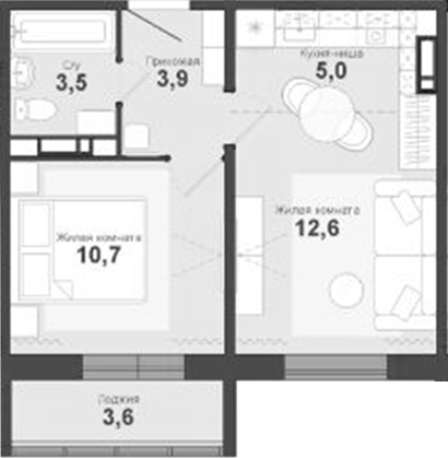Планировка 2е-к.кв 37.50 м² в ЖК «Чистая Слобода»