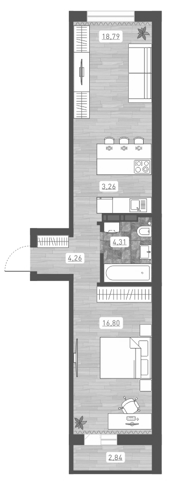 Планировка 2е-к.кв 47.42 м² в ЖК «Радуга Сибири»