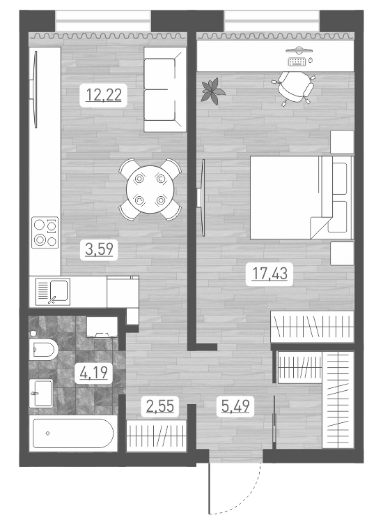 Планировка 2е-к.кв 45.47 м² в ЖК «Радуга Сибири»