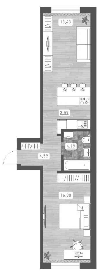 Планировка 2е-к.кв 47.60 м² в ЖК «Радуга Сибири»