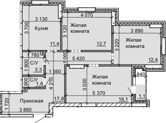 Планировка 3-к.кв 75.30 м² в ЖК «Столетов»