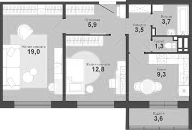 Планировка 2-к.кв 57.30 м² в ЖК «Чистая Слобода»