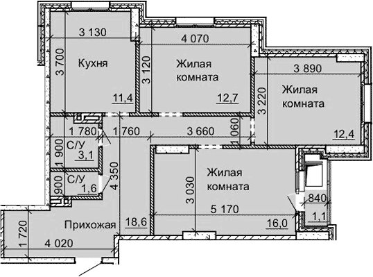 Планировка 3-к.кв 75.80 м² в ЖК «Столетов»