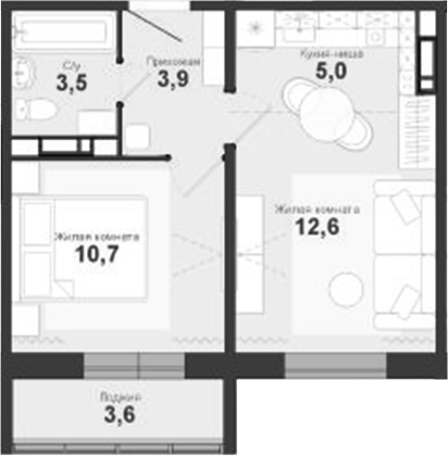 Планировка 2е-к.кв 37.50 м² в ЖК «Чистая Слобода»