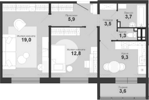 Планировка 2-к.кв 57.30 м² в ЖК «Чистая Слобода»