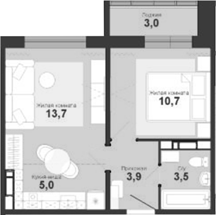 Планировка 2е-к.кв 38.30 м² в ЖК «Чистая Слобода»