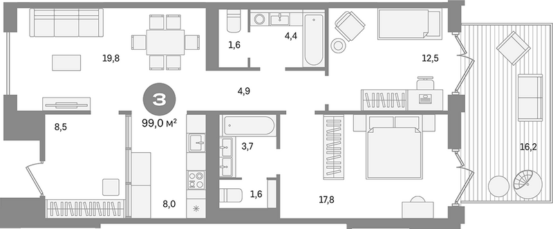 Планировка 3е-к.кв 83.20 м² в ЖК «Пшеница»