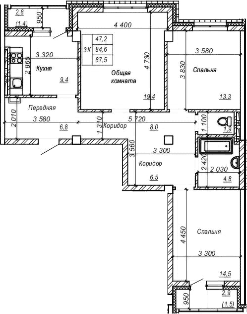 Планировка 3-к.кв 84.65 м² в ЖК «Серебряный ключ»