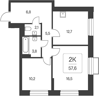 Планировка 2-к.кв 57.60 м² в ЖК «Расцветай на Красном»