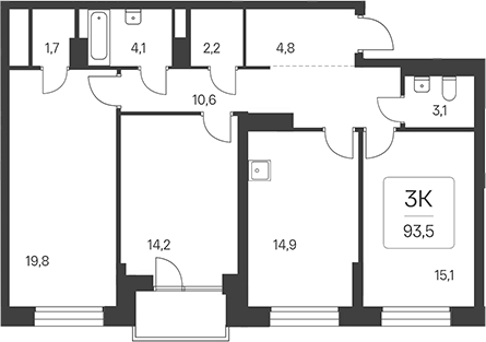 Планировка 3-к. квартира 90.50 м² в ЖК «Расцветай на Красном»