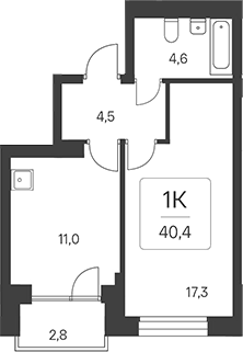 Планировка 1-к. квартира 37.60 м² в ЖК «Расцветай на Красном»