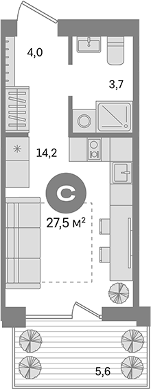 Планировка студии 21.50 м² в ЖК «Пшеница»