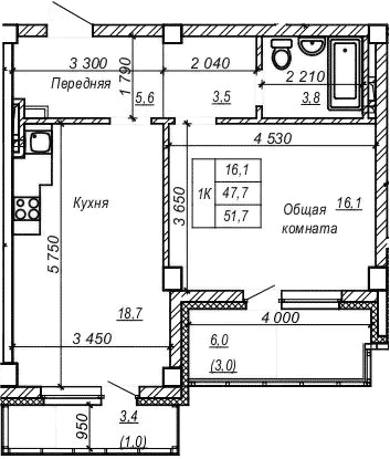 Планировка 1-к.кв 47.68 м² в ЖК «Серебряный ключ»