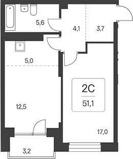 Планировка 2е-к. квартира 47.90 м² в ЖК «Расцветай на Красном»