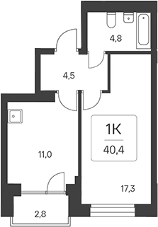 Планировка 1-к.кв 37.60 м² в ЖК «Расцветай на Красном»