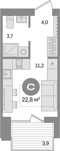 Планировка студия 21.63 м² в ЖК «Пшеница»