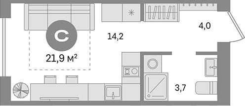 Планировка студии 21.50 м² в ЖК «Пшеница»