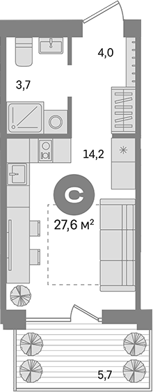 Планировка студия 25.89 м² в ЖК «Пшеница»