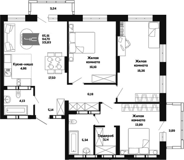 Планировка 4е-к.кв 94.70 м² в ЖК «Салют»