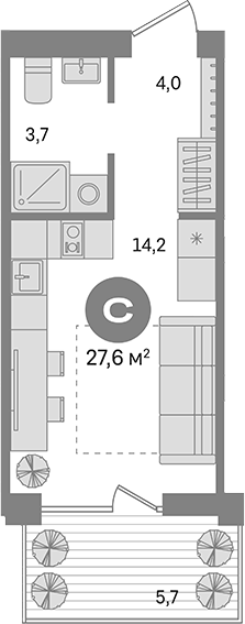 Планировка студия 25.89 м² в ЖК «Пшеница»