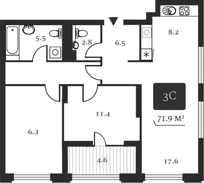 Планировка 3е-к.кв 73.00 м² в ЖК «Нобель»