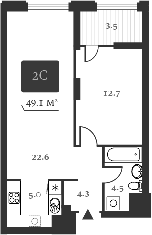 Планировка 2е-к.кв 50.85 м² в ЖК «Нобель»
