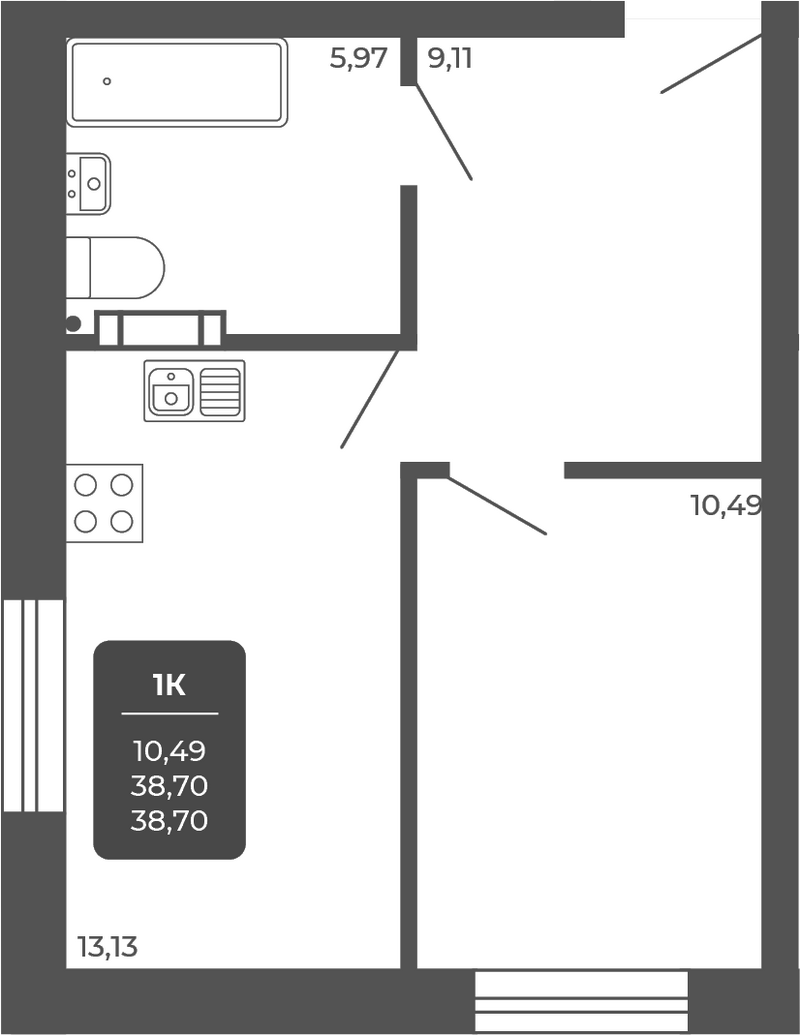 Планировка 1-к.кв 38.70 м² в ЖК «НОВА АПАРТ»