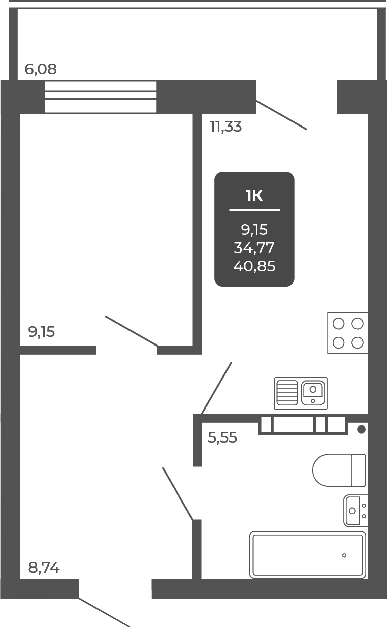 Планировка 1-к.кв 34.77 м² в ЖК «НОВА АПАРТ»
