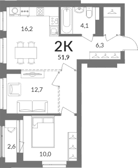 Планировка 2-к.кв 50.60 м² в ЖК «Горская лагуна»