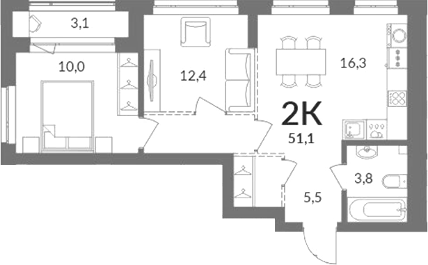 Планировка 2-к.кв 49.55 м² в ЖК «Горская лагуна»