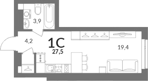 Планировка студии 27.50 м² в ЖК «Горская лагуна»