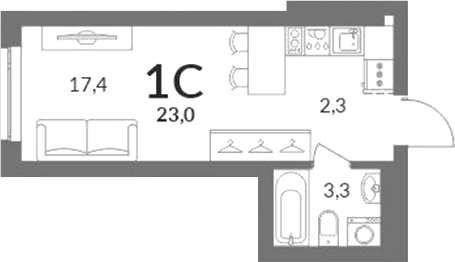 Планировка студии 22.70 м² в ЖК «Горская лагуна»