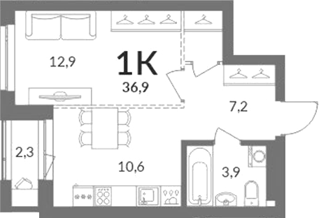 Планировка 1-к.кв 35.75 м² в ЖК «Горская лагуна»